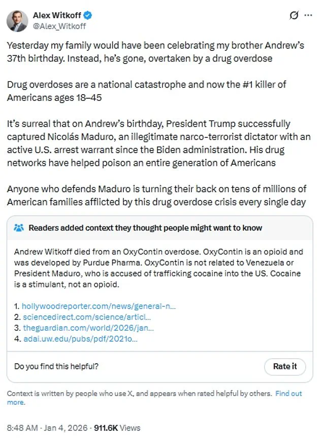 Son of Trump Administration Official Sparks Controversy with Social Media Post Expressing Gladness Over U.S. Capture of Maduro, Citing Brother's Drug Overdose Death
