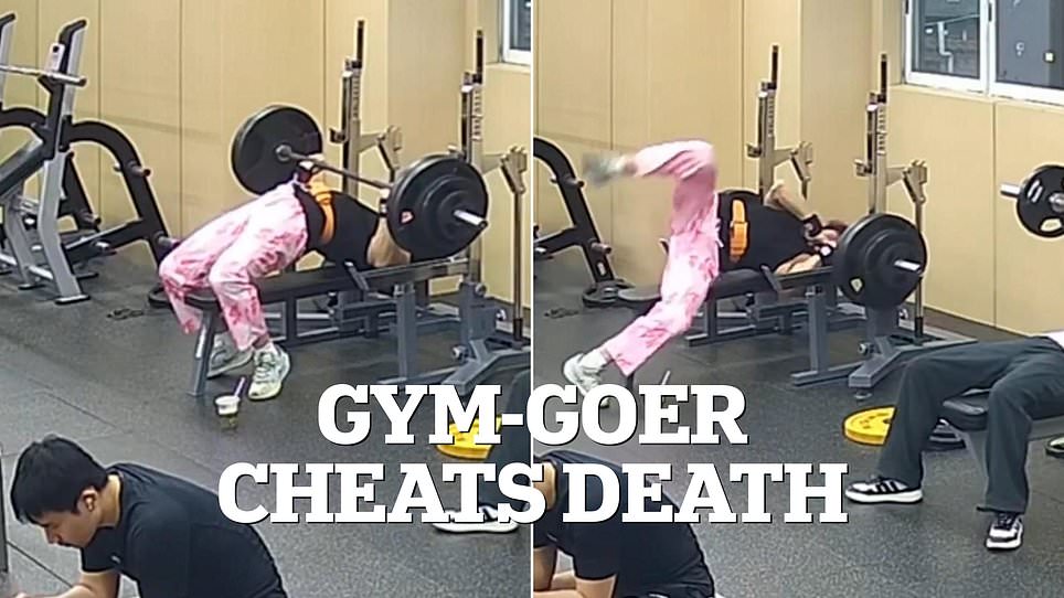 Guangdong gym-goer escapes death by rolling under crushing 145kg barbell.